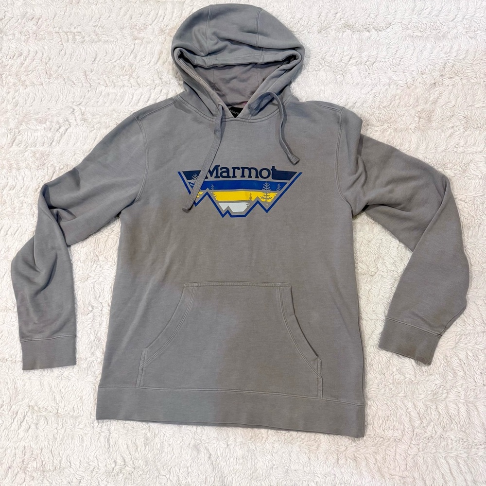 Marmot Men’s Gray Pullover Hoodie Size M Outdoor Hiking Adventure Gear